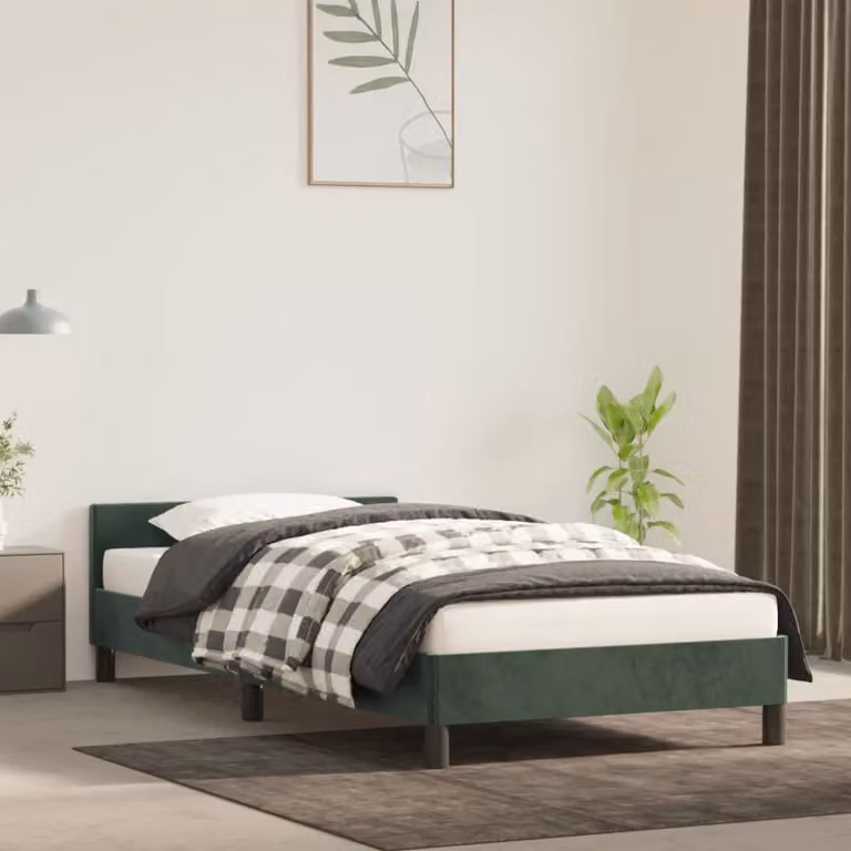 The Living Store Struttura letto con testiera in velluto verde scuro 80x200 cm