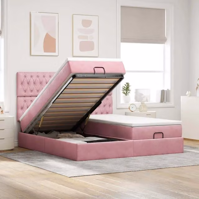 Letto con contenitore a sollevamento vidaXL in velluto rosa e bianco L: 200 cm, P: 200 cm, H: 280 cm