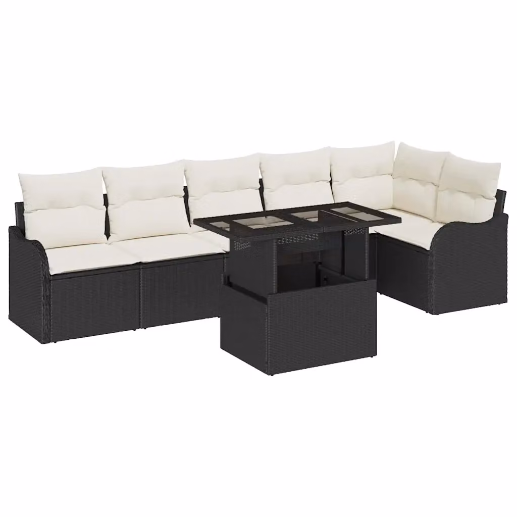 Set di divani da giardino vidaXL in polyrattan nero con cuscini beige e tavolino in vetro, 7 pezzi – 2
