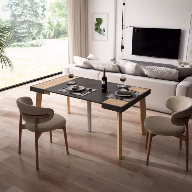 Consolle allungabile, 160x90x73cm, Per 8 persone, Gambe in legno, colore Rovere e nero RF3041