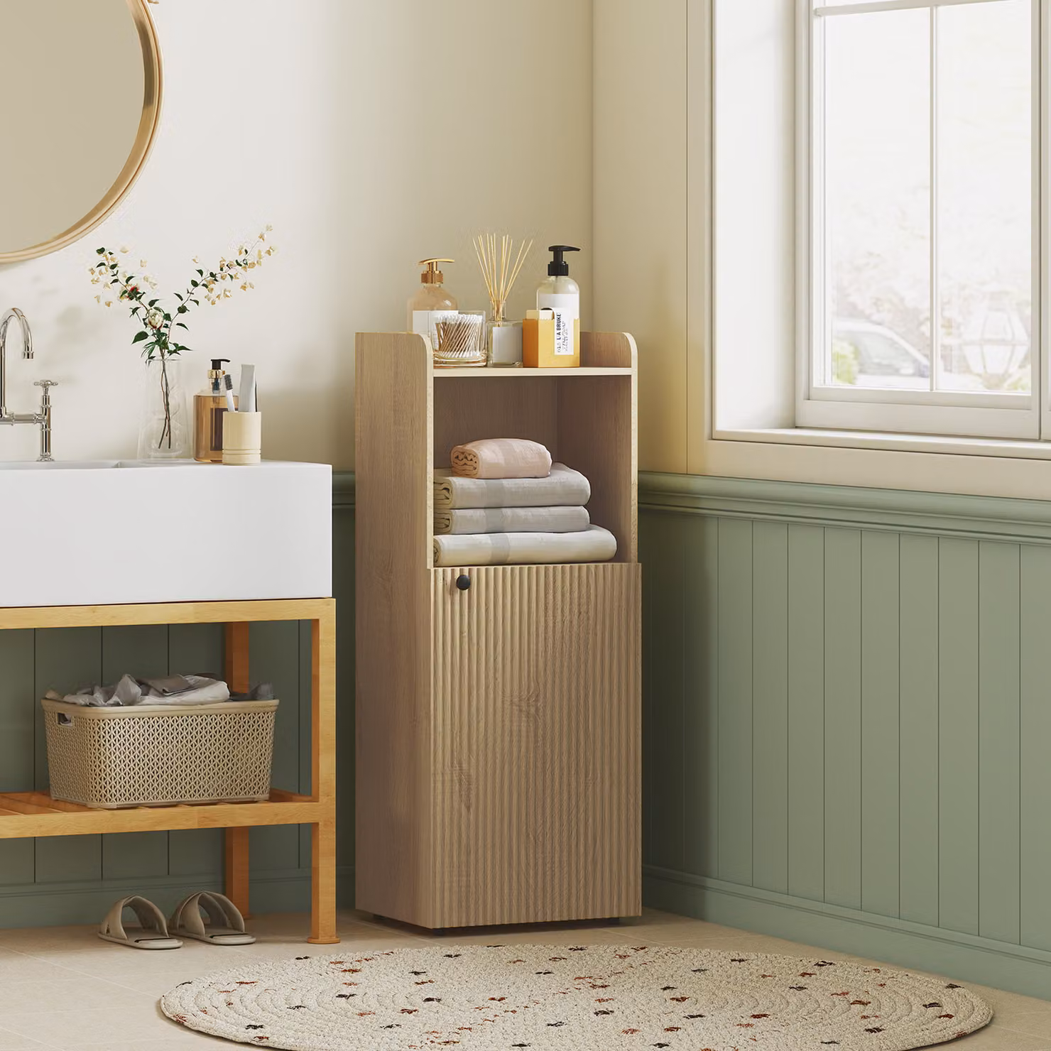 Mobile bagno HOMCOM per nicchia con anta e ripiano aperto regolabile, Rovere giallo, L 40 cm x P 31 cm x H 104 cm – 2