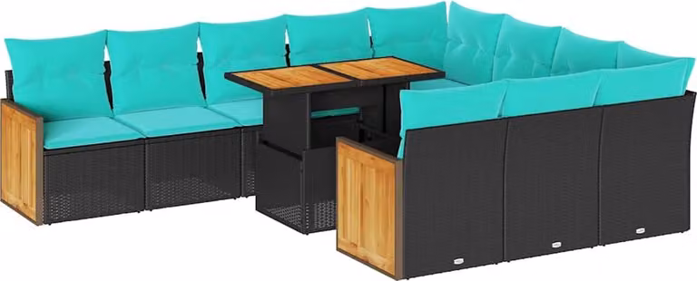 Set Divani da Giardino 11 pz con Cuscini Polyrattan Acacia Nero