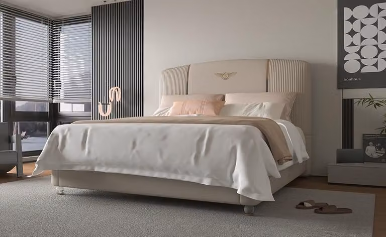 Beiges Doppelbett Robuster Bettrahmen Polster Doppelbetten Möbel