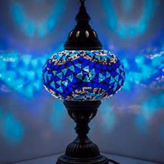 Lampada da tavolo turca con sfera in mosaico blu da 13 cm – Lampada orientale realizzata a mano per un'illuminazione suggestiva