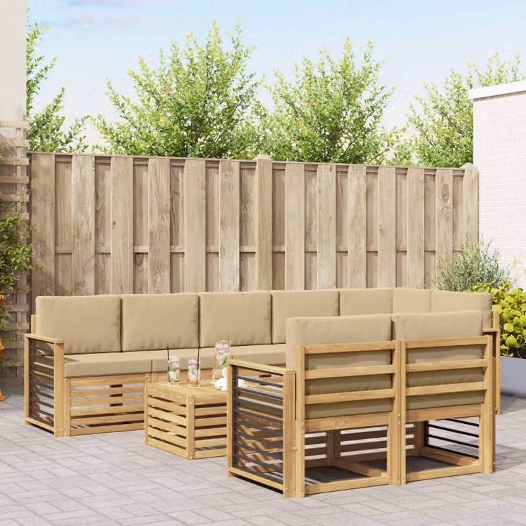Set di divani da esterno vidaXL 9 pz in legno di acacia con tavolo da caffè e cuscini, design moderno a L, colori bianco, beige e marrone