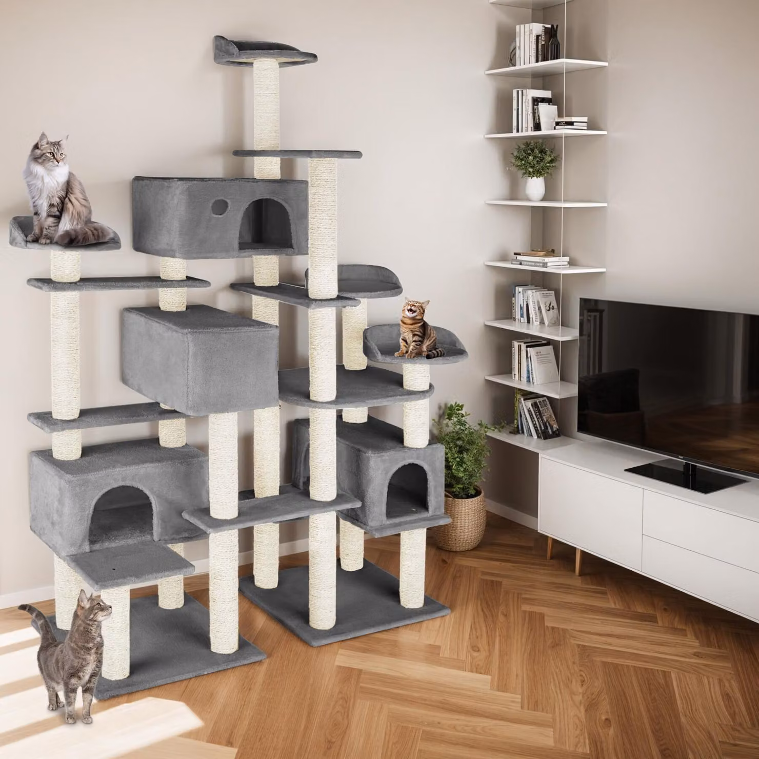 Albero tiragraffi per gatti TecTake GmbH grigio con corda in sisal e cucce – 1