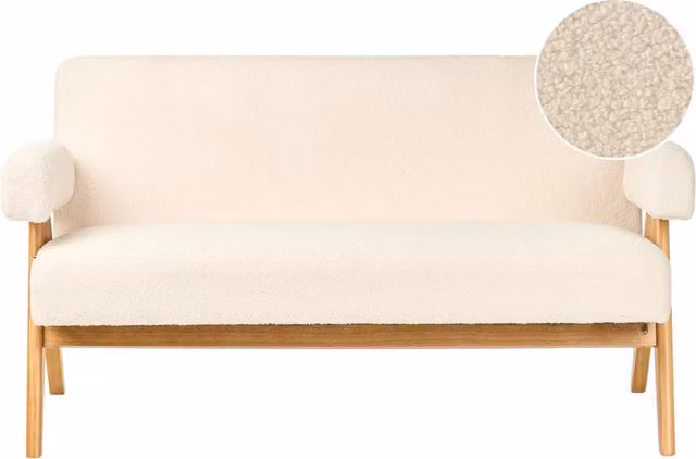 Divano a 2 posti Rivestimento in bouclé bianco sporco e marrone chiaro Design retrò Gambe in legno Soggiorno