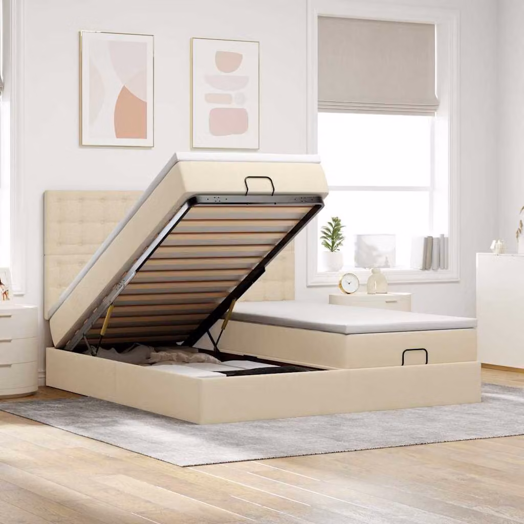 Letto con contenitore a sollevamento vidaXL in tessuto beige e bianco con porta USB e illuminazione sottostante L: 200 cm, P: 200 cm, H: 280 cm