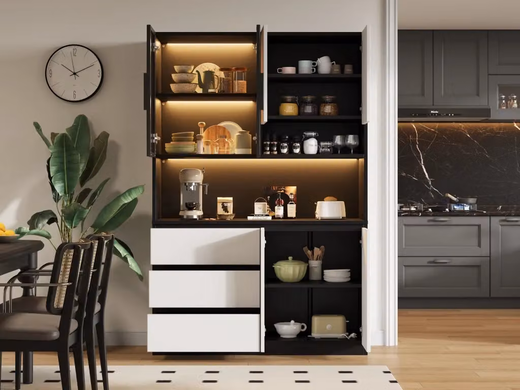 Mobile colonna da cucina Mivray con illuminazione LED integrata e ripiani aperti, finitura opaca bianco e nero, L/P/H: 120.5 x 40.0 x 180.0 cm – 2