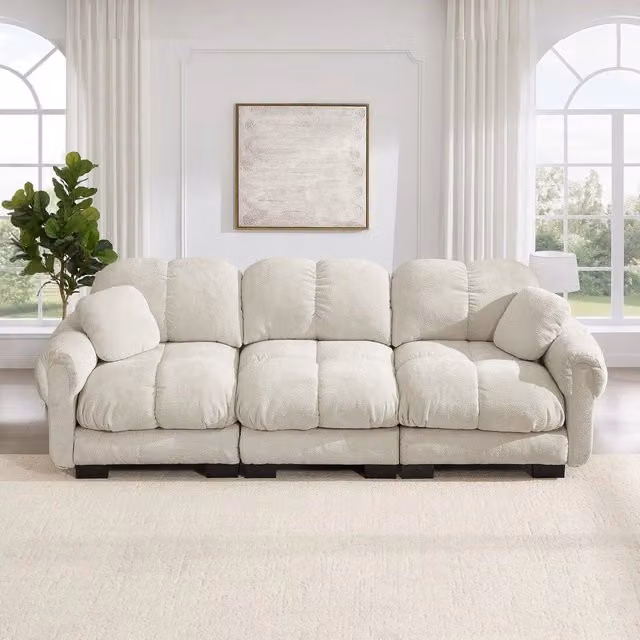 Divano 3 posti Minimal in tessuto trapuntato beige con cuscini per soggiorno