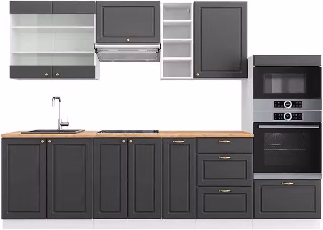 Cucina componibile moderna Fame-Line Vicco, colore Antracite, Oro, Bianco e Rovere, L: 280 cm