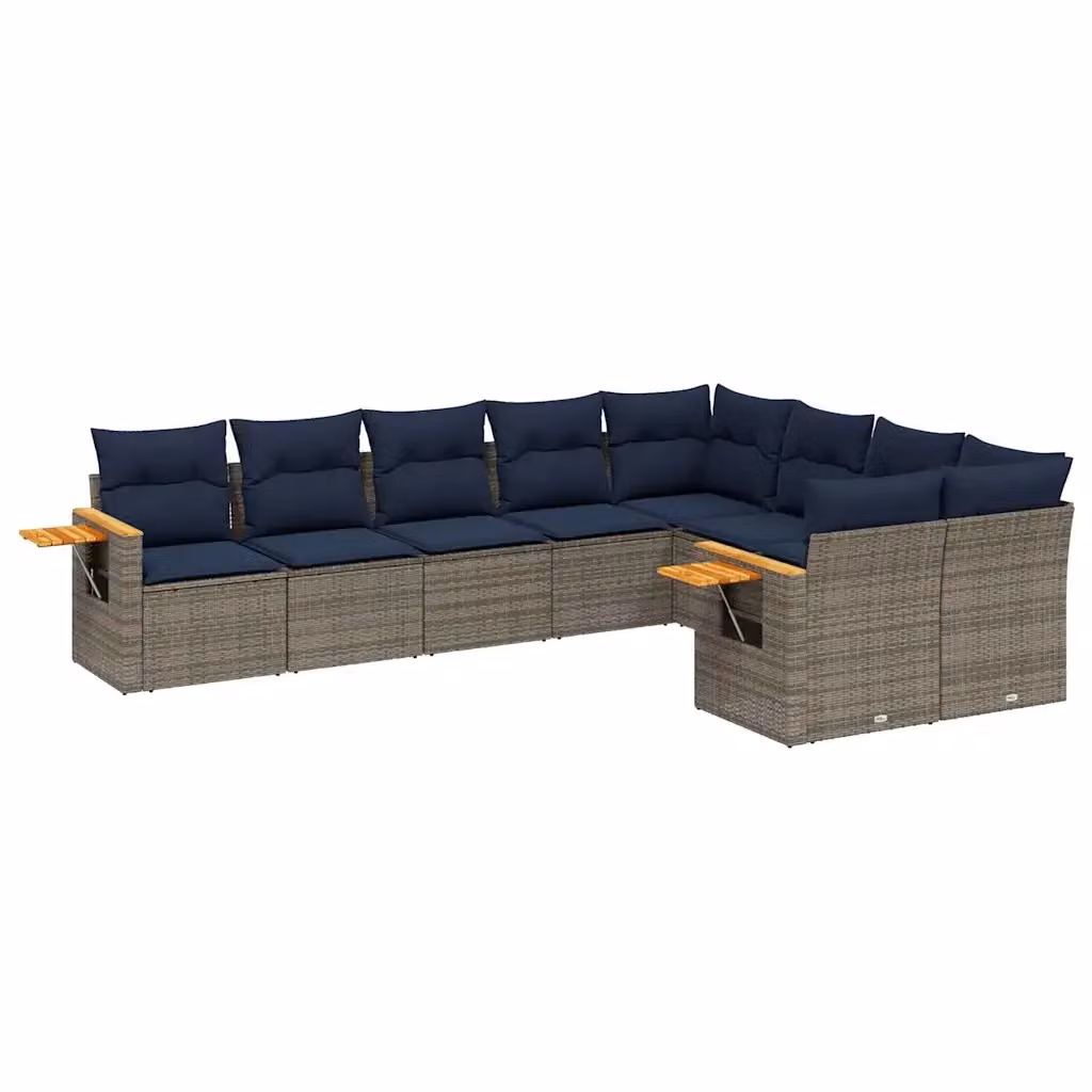 Set di divani da giardino vidaXL a forma di L composto da 9 pezzi in polyrattan con cuscini grigi e blu e tavolino da caffè per esterno – 2