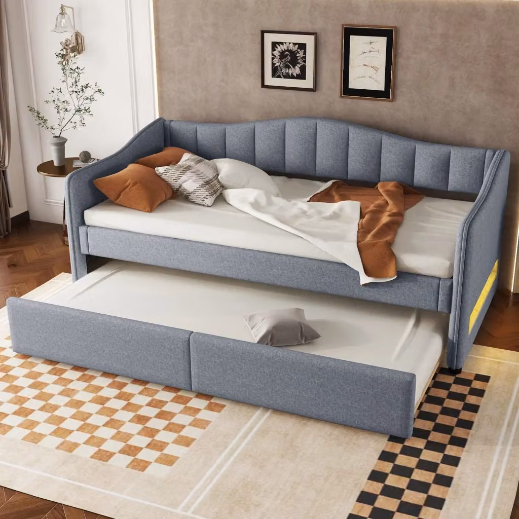 Letto divano singolo in lino grigio con letto estraibile e luce sottostante, L/P/H: 90 x 200 x 120 cm – 2