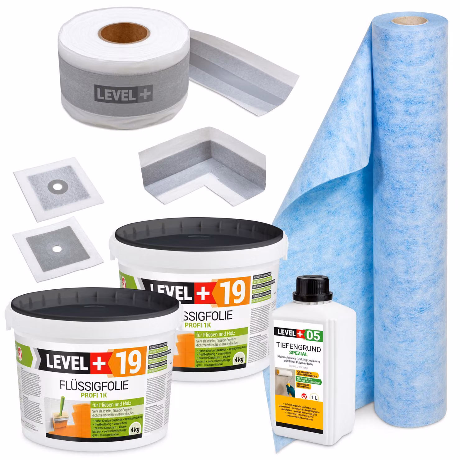 Kit per l'impermeabilizzazione: membrana liquida 8 kg, nastro 5 metri, primer 1 litro, guarnizioni Level+ SET506