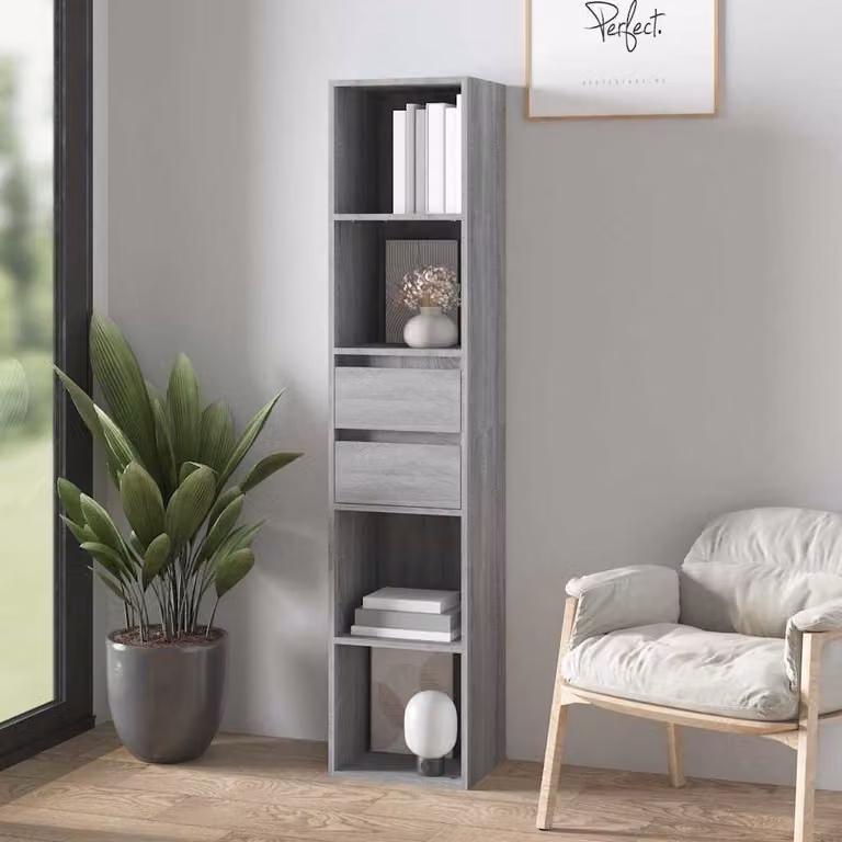 Libreria moderna vidaXL in legno e MDF Grigio, con pannello posteriore, L 36 cm x P 30 cm x H 171 cm