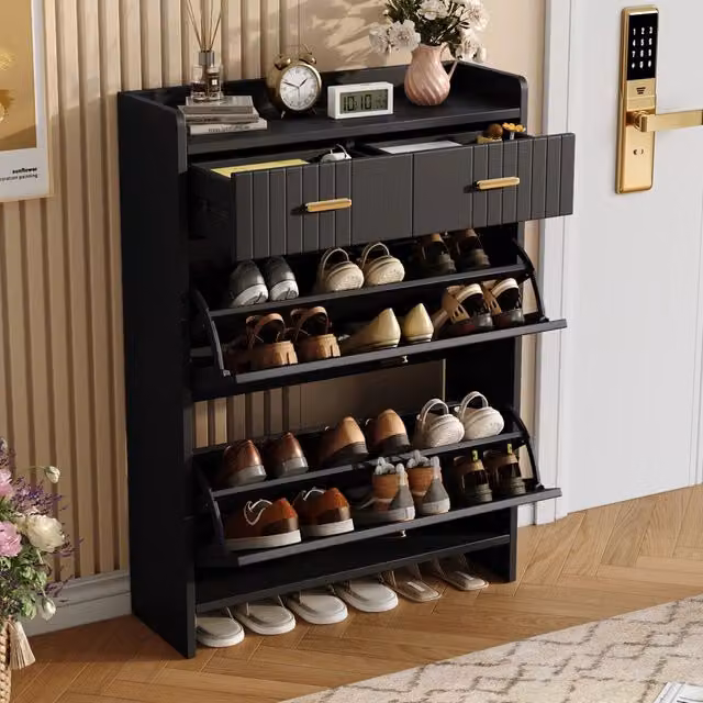 Mobile portascarpe 75 x 24 x 108,5 cm nero con 2 ribalte e 2 cassetti