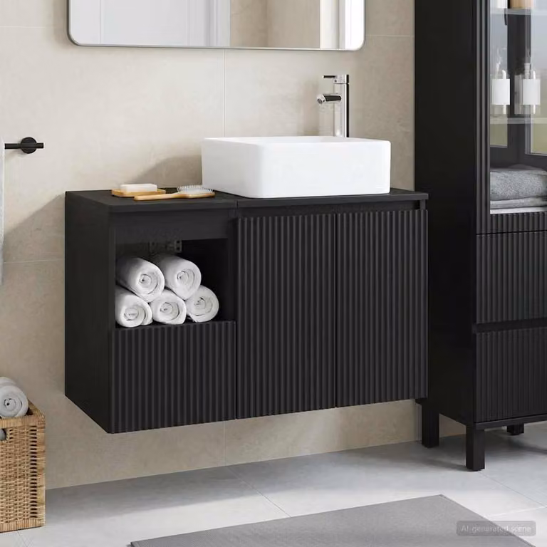 Set di mobili per il bagno vidaXL composto da 2 pezzi in nero opaco con mobileto sospeso e base lavabo in legno ingegnerizzato