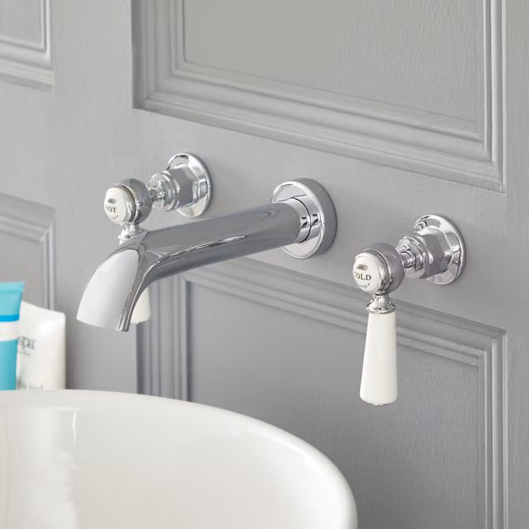 Rubinetto Lavabo Parete 3 Fori a Leva Cromo/Bianco - Stile Classico - Elizabeth