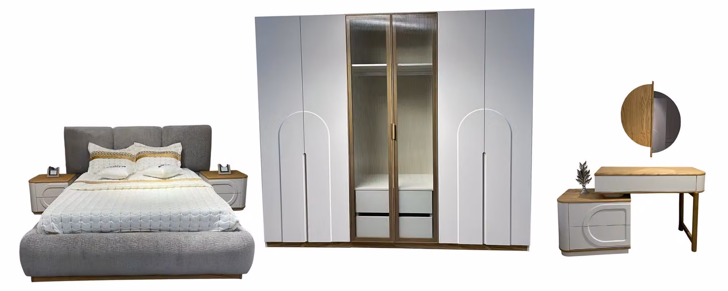 Grauer Exklusiver Schlafzimmer-Set Bett Schminktische 2x Nachttische