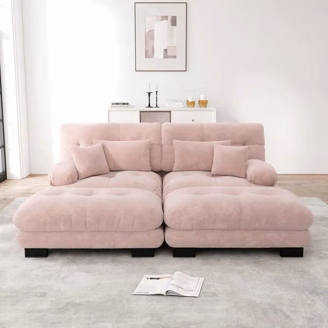 Divano angolare con poggiapiedi ¨C Minimal ¨C rosa chenille imbottito con braccioli e cuscini
