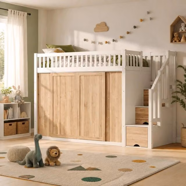 Letto a soppalco singolo Mivray con armadio, scala contenitore e illuminazione LED gestibile via app in legno e MDF bianco e rovere, L/P/H: 200 x 90 x 131,85 cm