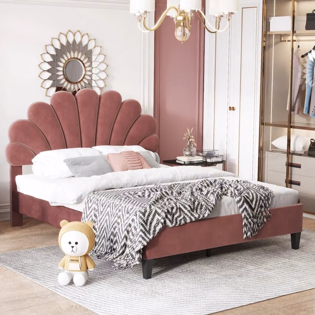 Letto matrimoniale imbottito OKWISH con testiera floreale in velluto rosso e rosa, L/P/H: 140 x 200 x 110,5 cm – 2