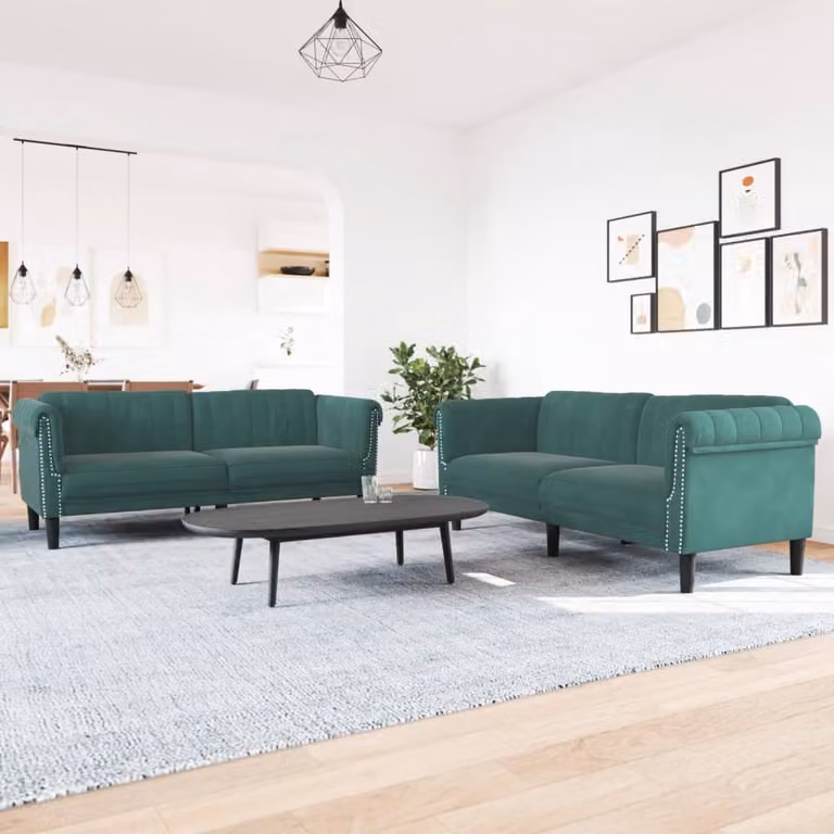 Set di 2 divani moderni vidaXL in velluto verde con struttura in legno massiccio e cuscini inclusi