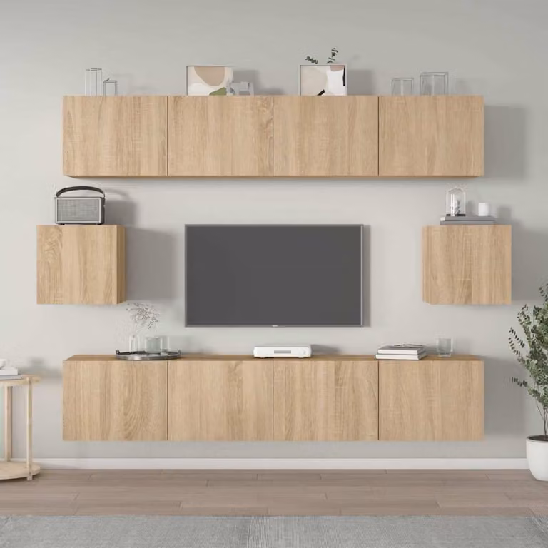 Set di mobili porta TV da 6 pezzi vidaXL in legno Rovere Sonoma e MDF, colore marrone beige, design classico a parete per il tuo soggiorno