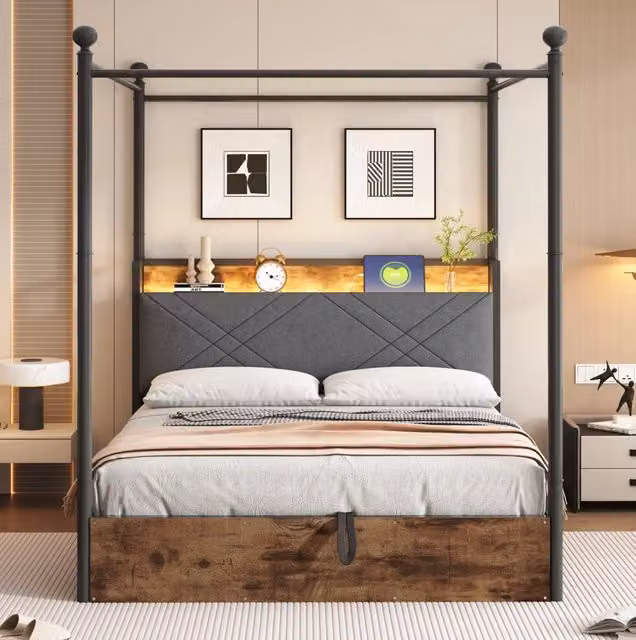 Letto a baldacchino in metallo 140x190 cm; contenitore idraulico; LED e USB/Type-C; nero