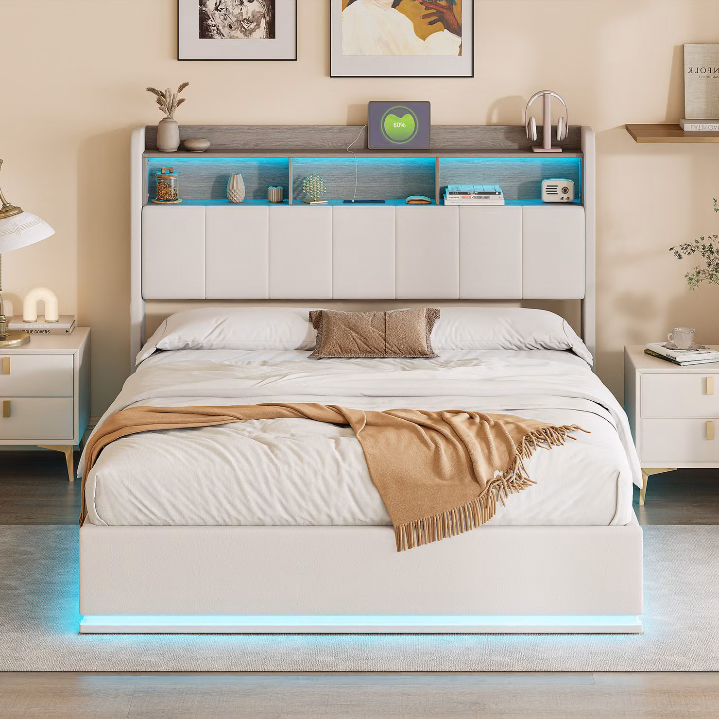 Letto imbottito ProximaX 140x200 cm in velluto beige – Letto matrimoniale con vano contenitore idraulico, illuminazione a LED RGB e testiera con vani portaoggetti, struttura letto moderna
