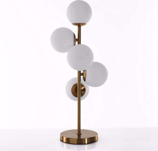 Lampada da tavolo ORESTELUCHETTA con 5 sfere in vetro e metallo color ottone, H 66 cm, L 28 cm