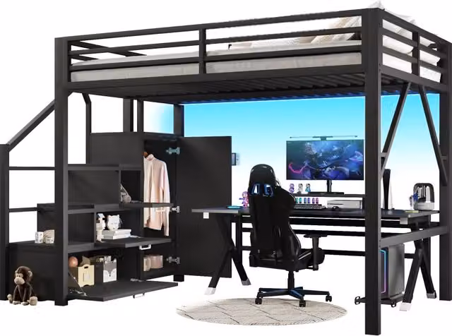 Letto a soppalco 140x200 in metallo con armadio scale e illuminazione LED nero