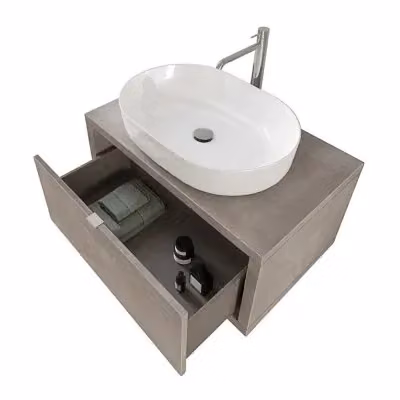 Mobile bagno sospeso INBAGNO Master grigio con lavabo a bacinella, specchio tondo con illuminazione LED e ante soft-close, Larghezza: 80 cm – 2