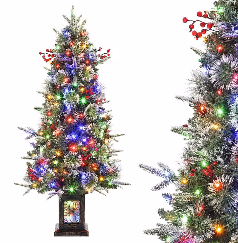 Albero di Natale artificiale, innevato, 120 cm (3.0 piedi), con fusto denso simile a un abete/pino, dotato di luci LED (bicolore/bianco caldo), con punte delle foglie innevate. Montaggio a cerniera, con supporto in metallo