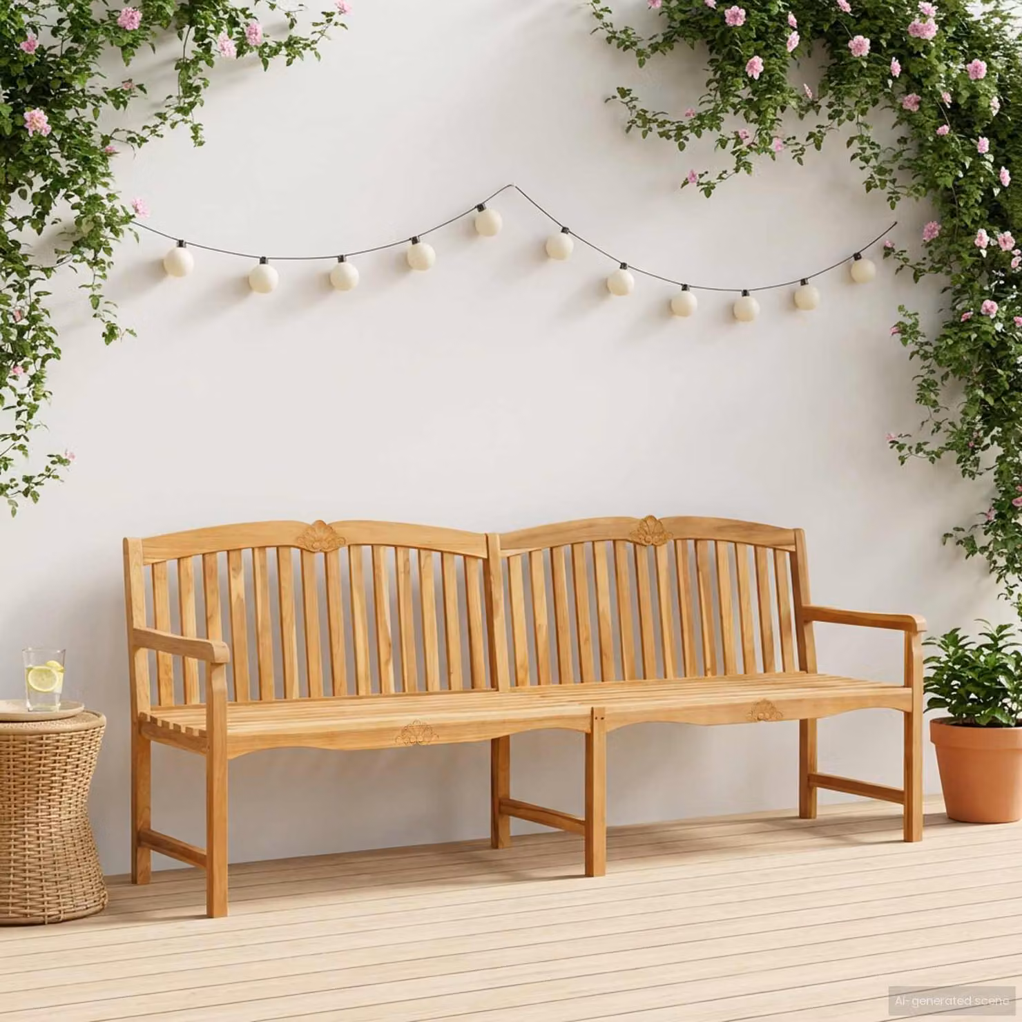 Panchina da giardino vidaXL in legno di teak marrone con intaglio a conchiglia e braccioli L: 228 cm, P: 61 cm, H: 94,5 cm