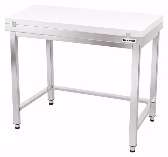 Tavolo da lavoro in acciaio inossidabile, dimensioni 1000x700 mm, con piano di taglio bianco e rinforzo PREMIUM - GOLDINOX