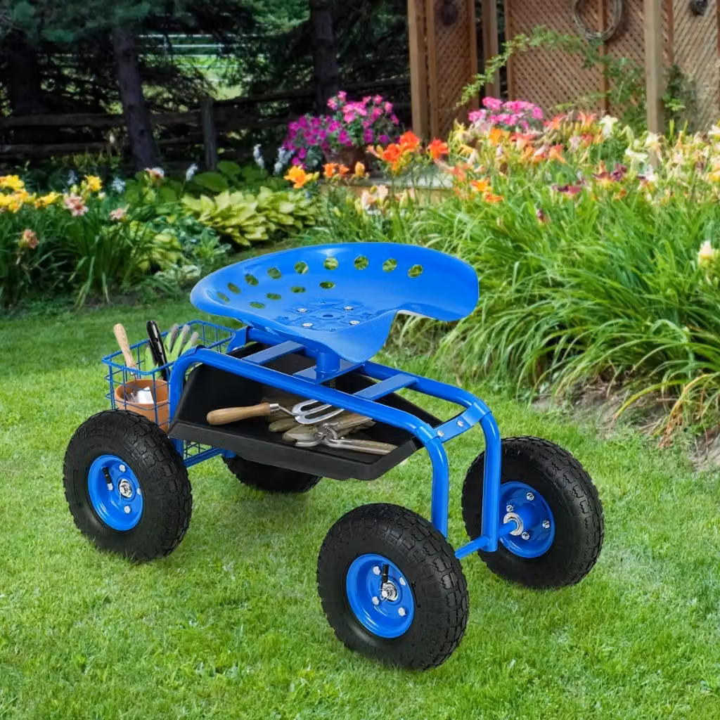 Sgabello da giardino girevole Design Mania con ruote e seduta regolabile in altezza, colore blu – 2