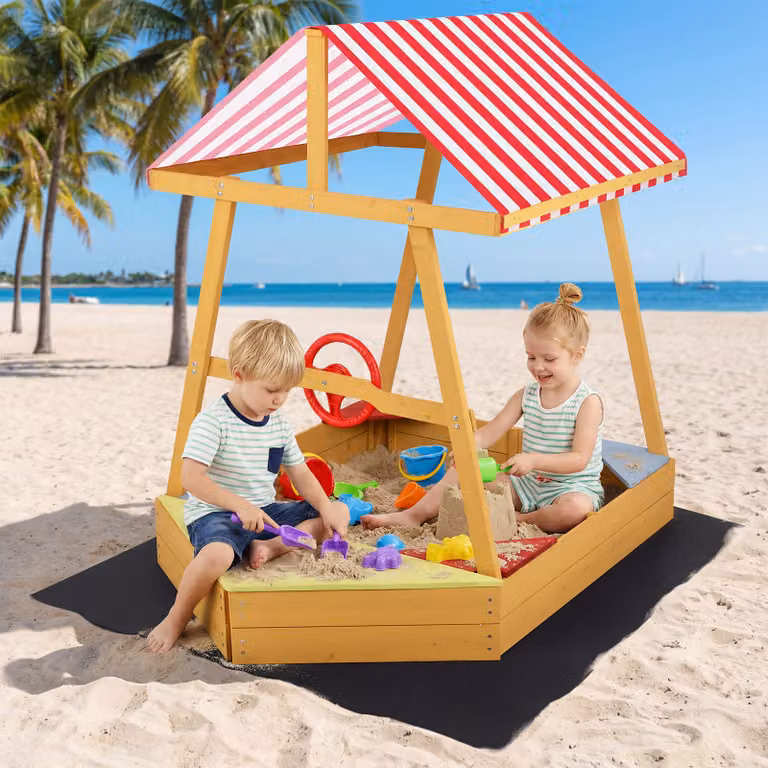 Sabbiera per bambini Costway in legno massello a forma di barca con tetto parasole e seduta multicolore