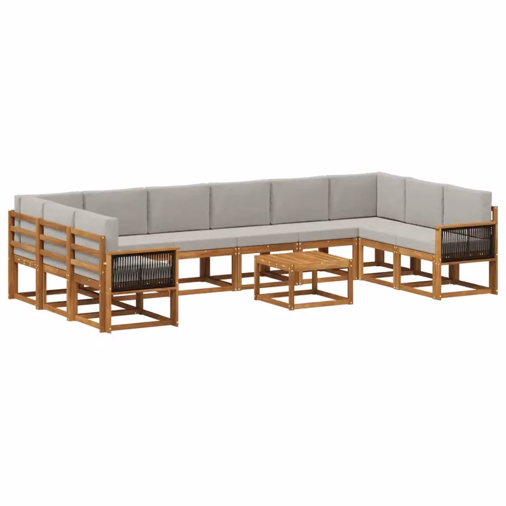Set di divani da esterno vidaXL in legno di acacia con cuscini, composizione a forma di U con tavolino, colore marrone e grigio – 2