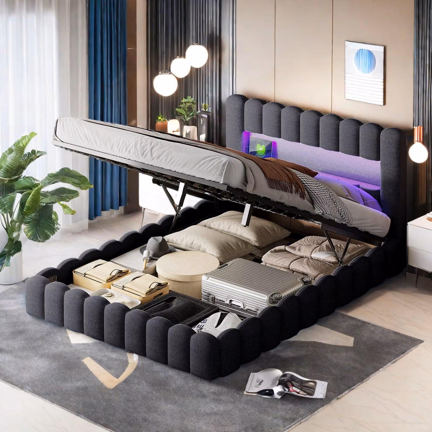 Letto imbottito 160x200cm, letto a molle con rete idraulica, letto con rete a doghe, luce di lettura con connessione di ricarica USB e illuminazione LED, letto contenitore letto matrimoniale letto per ragazzi (grigio)