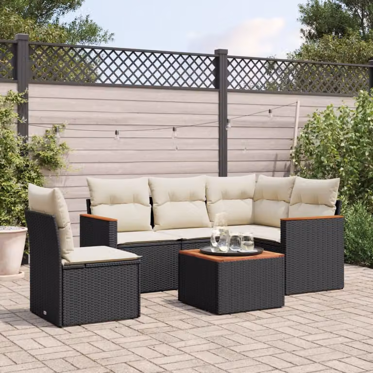 Set Divano da Giardino vidaXL 6 pz in Polyrattan Nero con Cuscini e Tavolino da Caffè