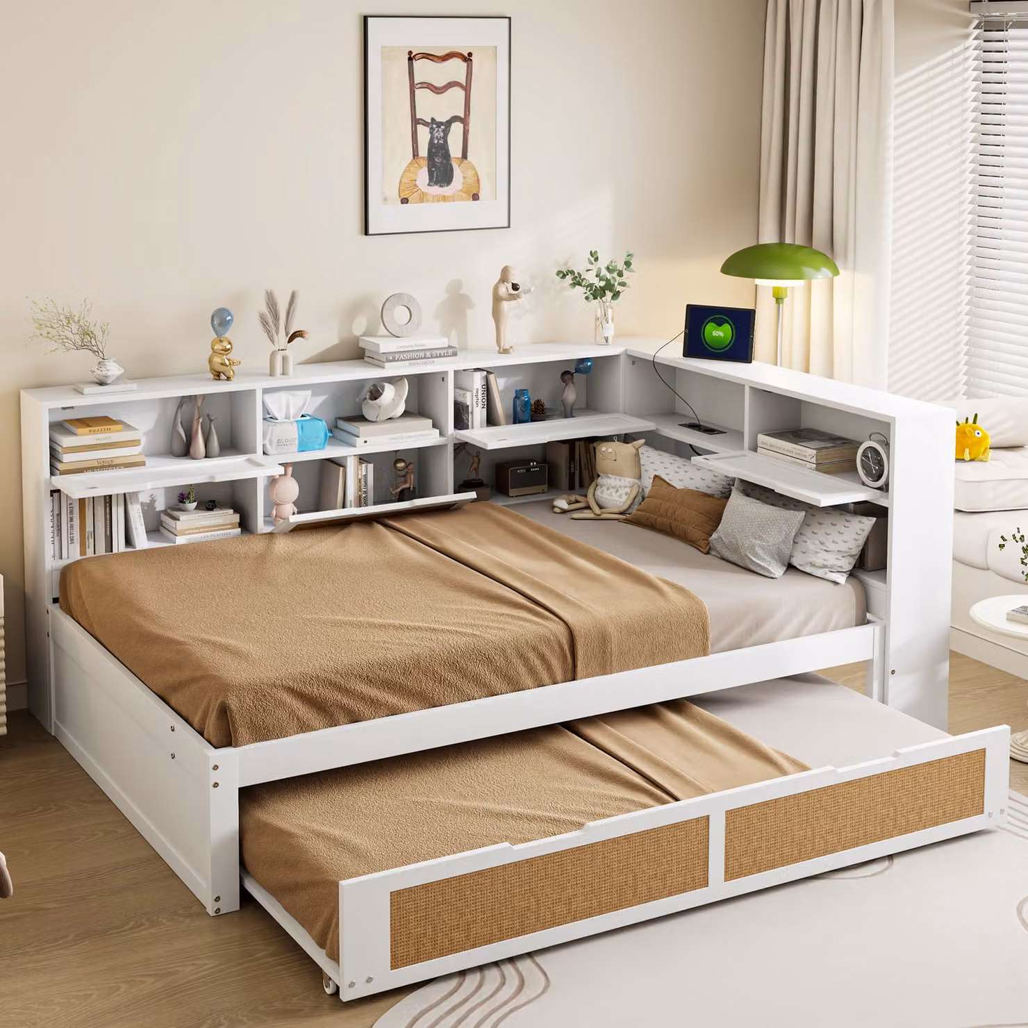 STILVORA Letto per ragazzi Divano letto 140×200 cm Daybed Letto per bambini con letto estraibile, letto matrimoniale con numerosi vani portaoggetti e presa di ricarica, bianco (con materasso)