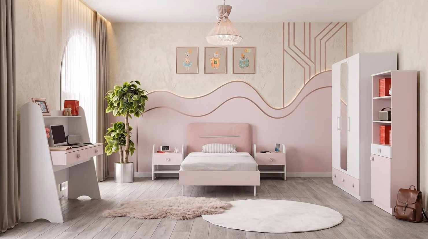 Letto, armadio, comodini, scrivania e libreria per camera da letto per adolescenti (stile Rosa)