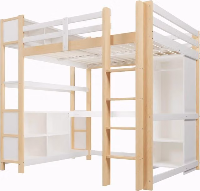 Letto a soppalco in legno di pino con scrivania, armadio e ripiani, colore naturale, L/P: 140 x 200 cm