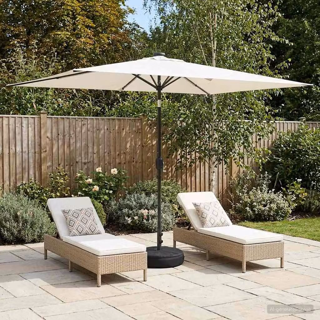 Parasol da giardino con luci LED e base vidaXL in poliestere, beige e bianco, L: 300 cm x P: 200 cm