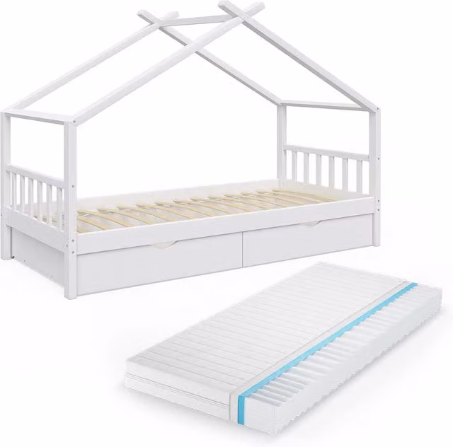 Letto montessori bambini Design Bianco 90x200 cm con 2 cassetti e materasso Vitalispa