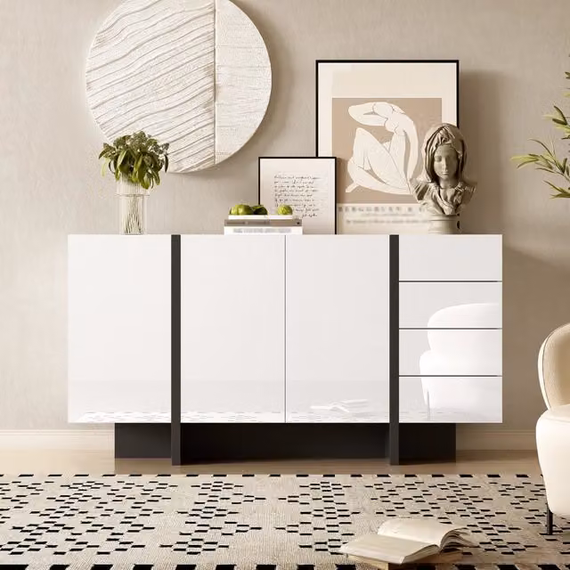 Credenza Zephmum moderna bianca lucida con 2 ante e 4 cassetti soft close L: 150 cm, H: 80.5 cm, P: 40 cm