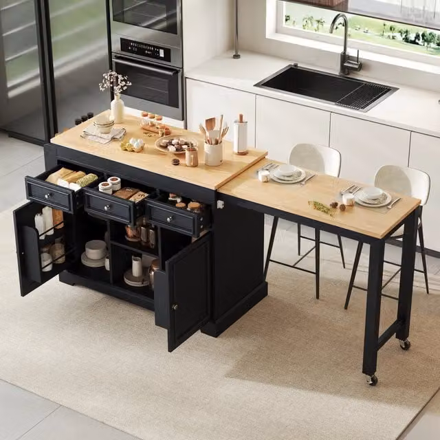 Mobili da cucina, isola da cucina, tavolo da pranzo allungabile, con rotelle, 3 cassetti, finitura effetto legno, nero e colore legno naturale