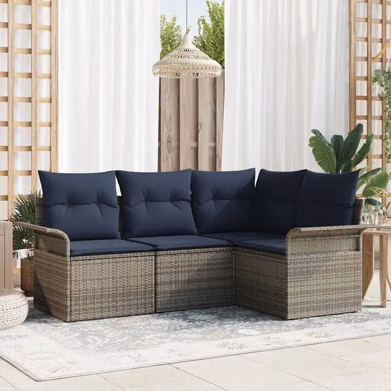 Set Divano da Giardino vidaXL 4 Pezzi a Forma di L con Poltroncina e Tavolino, Colore Grigio e Blu, Struttura in Metallo e Polyrattan con Cuscini Inclusi
