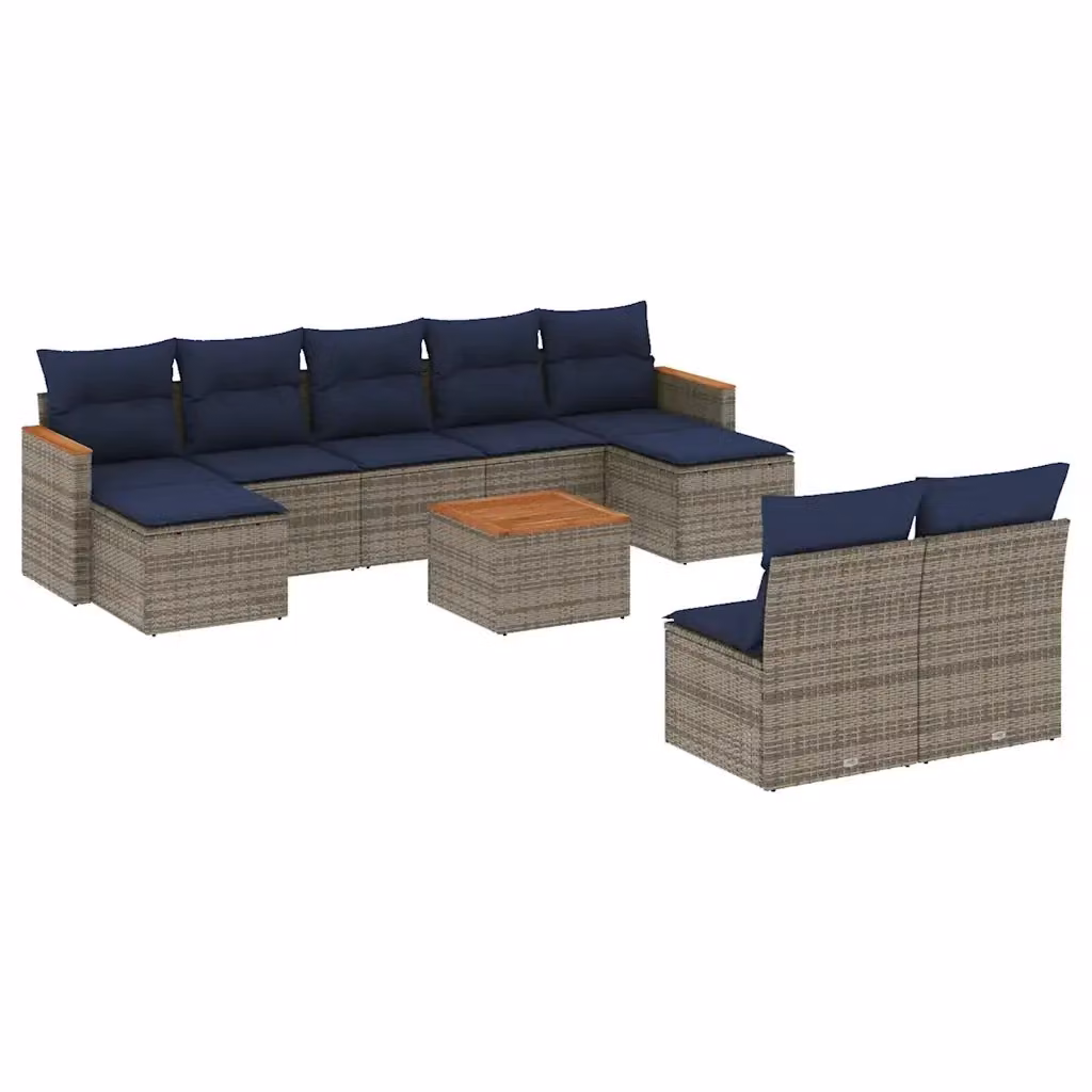 Set di divani da giardino vidaXL in rattan e legno di acacia oliato con cuscini grigi e blu per esterno – 2